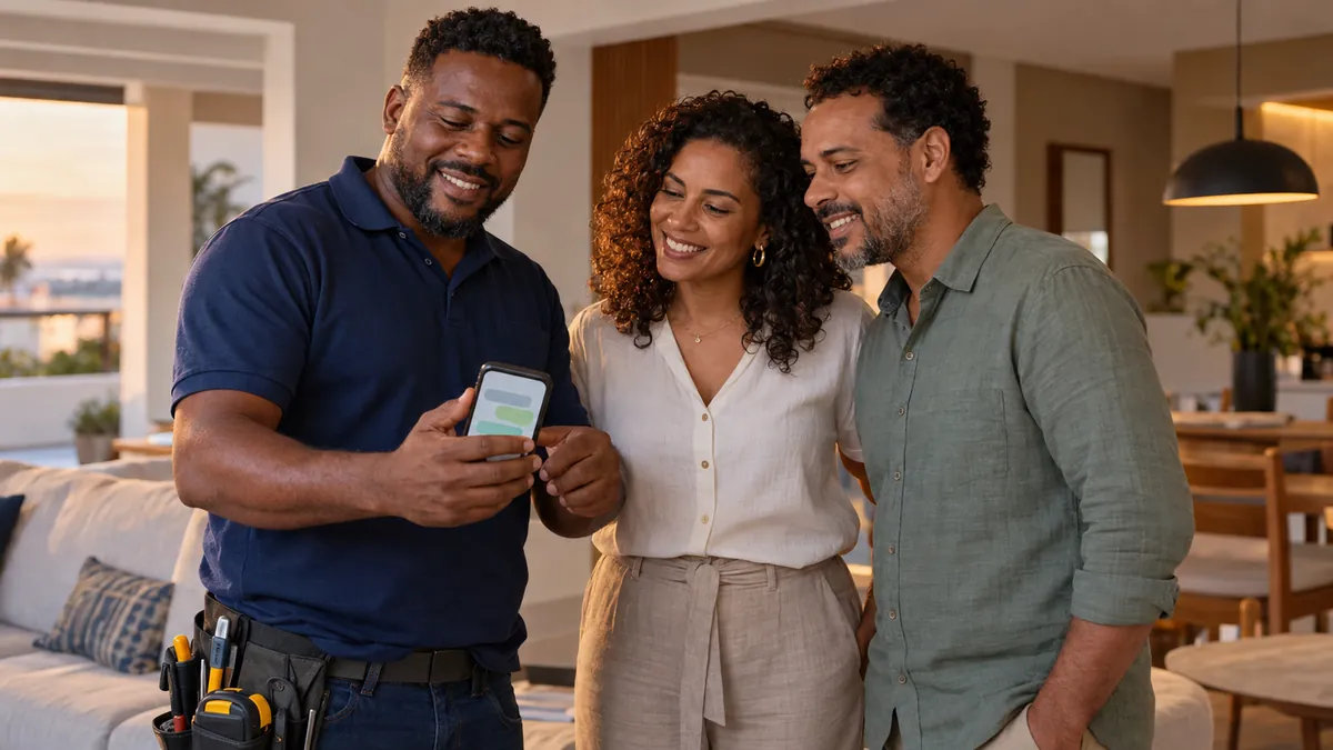 Dono de empresa de reformas em Salvador mostra no celular a um casal de clientes as mensagens recebidas pelo WhatsApp, numa sala reformada ao fim da tarde.