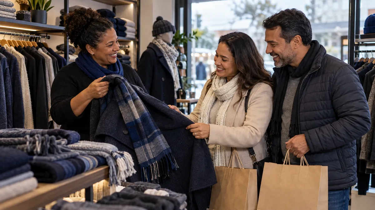 Comerciante de loja de roupas de inverno em Vitória da Conquista atende um casal de clientes de outra cidade, com cachecóis, casacos e sacolas de compras.