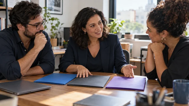 Empresária brasileira compara propostas de trabalho numa mesa com três pastas lisas, enquanto conversa com dois profissionais, computador fechado e ambiente de pequena empresa.