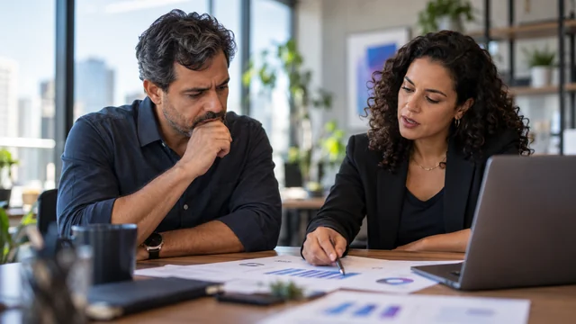 Dono de PME brasileiro de 45 anos revisa com consultora as falhas de uma campanha, expressão séria mas construtiva, relatórios abstratos desfocados e laptop sobre mesa.