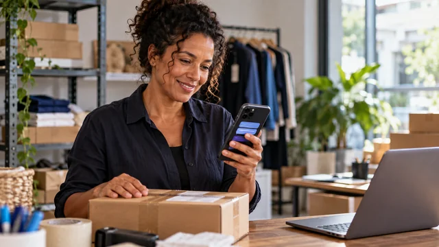 Empresária brasileira vê conversa de atendimento no smartphone enquanto prepara encomendas, tela com balões abstratos sem caracteres, laptop ao fundo e ambiente comercial organizado.