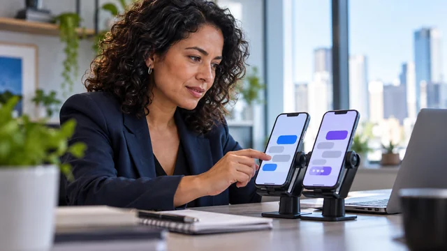 Especialista brasileira testa fluxo de atendimento digital em dois celulares sobre suporte, telas com balões abstratos e sem palavras, notebook ao fundo, expressão analítica.