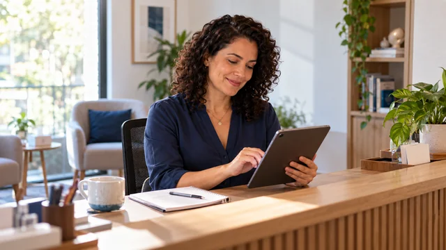 Psicóloga brasileira organiza sua agenda digital à mesa de recepção de consultório vazio, expressão acolhedora, roupa casual profissional azul, sem jaleco nem pacientes.