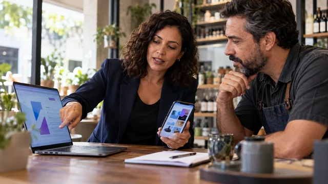 Estrategista brasileira compara busca em notebook e conteúdo visual em smartphone sobre mesa; telas com formas abstratas sem logotipos, conversa com proprietário de negócio.