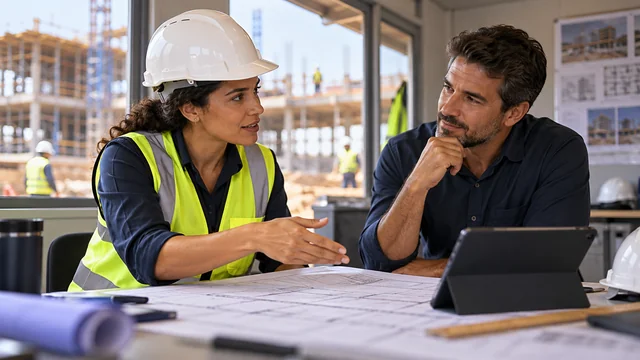 Engenheira brasileira com capacete branco, colete refletivo e botas conversa com empresário no escritório de canteiro, planta técnica sem palavras e tablet; segurança e profissionalismo.