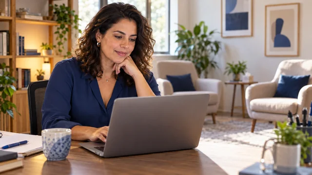 Psicóloga brasileira de roupa social casual azul revisa informações profissionais num notebook no consultório acolhedor vazio, poltronas ao fundo, sem pacientes, sem jaleco.