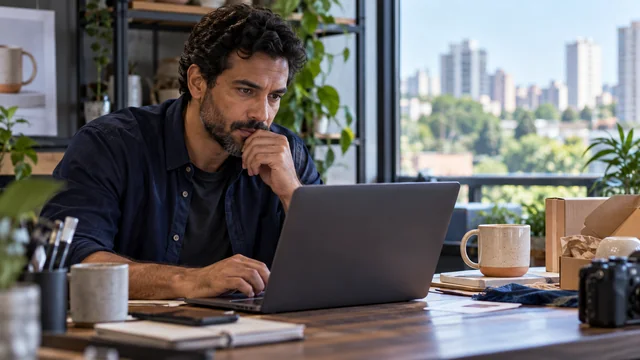 Analista brasileiro avalia fotografia de produto e desempenho de campanha, cerâmica sem marca na mesa ao lado de notebook, semblante concentrado, nenhuma expressão teatral.