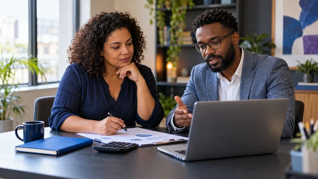 Dona de PME brasileira e consultor analisam orçamento de marketing, calculadora, notebook e pasta azul; conversa ponderada sobre investimento.