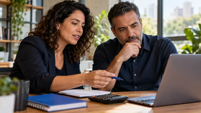 Consultora brasileira e empresário avaliam investimento em presença orgânica, calculadora ao lado de notebook e caderno azul, enquadramento próximo e humano.