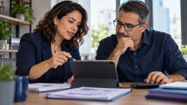 Gestora de mídia brasileira e dono de PME planejam orçamento de campanha com calculadora e tablet, vestuário azul-marinho, composição limpa sem dinheiro em espécie.