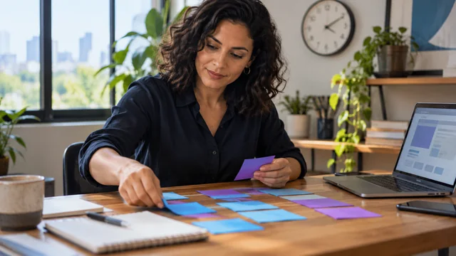Designer brasileira organiza etapas de um projeto de site usando cartões azuis e violetas lisos sobre mesa, notebook aberto com protótipo abstrato, relógio analógico discreto ao fundo.