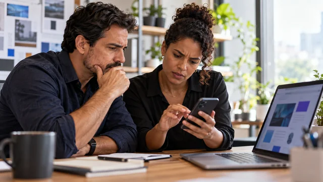 Empresário e designer brasileiros testam a experiência de compra no celular ao lado de notebook com página abstrata, expressão concentrada ao identificar dificuldade de navegação.