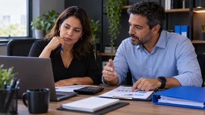 Dona de PME brasileira e consultor analisam orçamento de marketing, calculadora, notebook e pasta azul; conversa ponderada sobre investimento.