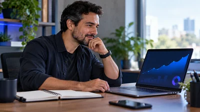 Especialista brasileiro em SEO acompanha evolução de resultados ao longo do tempo, mesa com planner de páginas sem texto e notebook com gráfico azul abstrato desfocado, luz de janela.