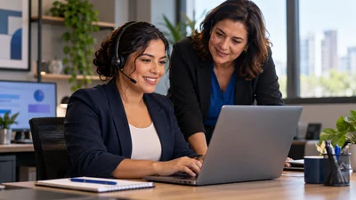 Profissional comercial brasileira organiza retorno a clientes usando headset discreto e laptop, colega ao lado acompanha atendimento, mesa limpa e luz natural.